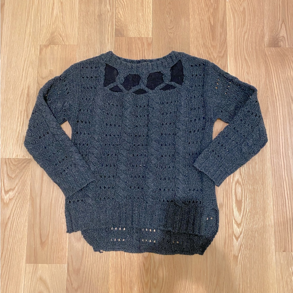 Charcoal grey sweater w/ black lace neck detail